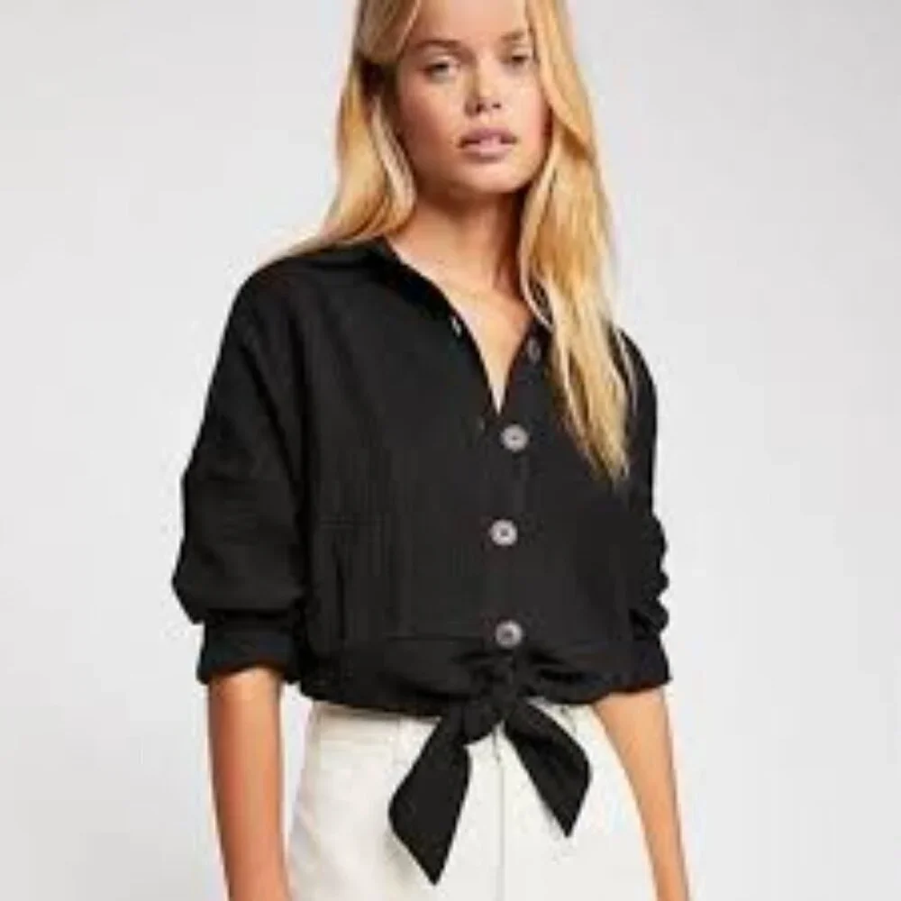 Free People Women's Sun streaks Tie Front long sleeve Black blouse Sz L